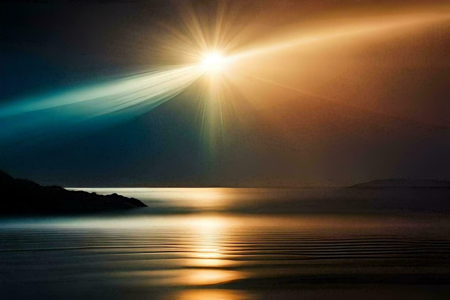 the sun shines over the water and a boat. AI-Generated photo
