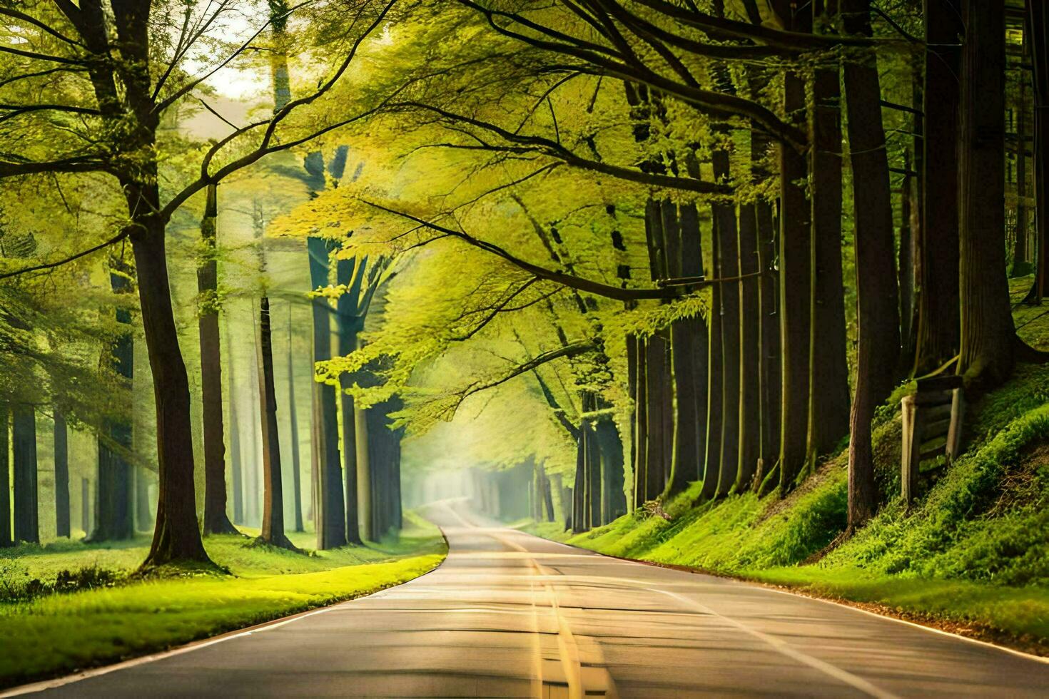 a road lined with trees and grass. AI-Generated photo