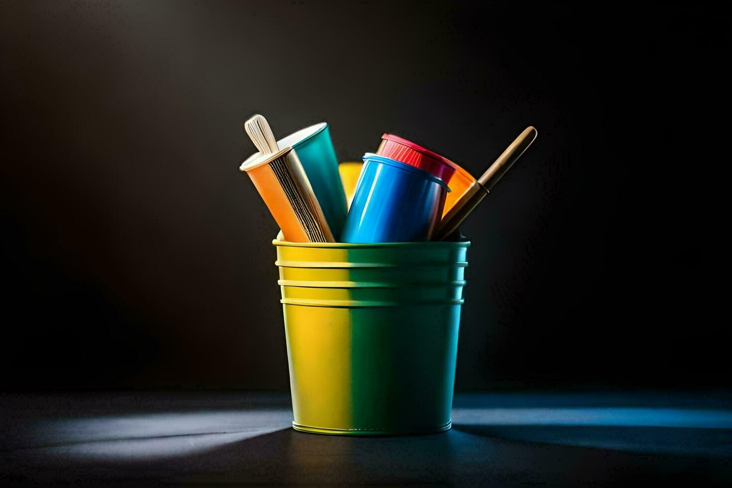 a bucket filled with colorful paint brushes and other tools. AI-Generated photo