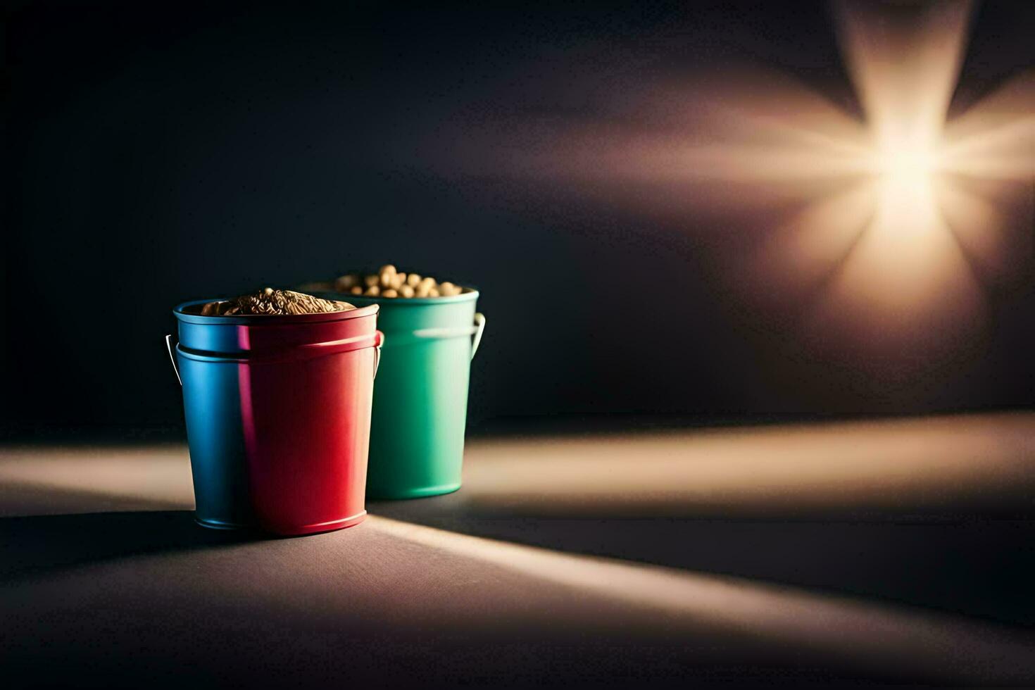 two buckets of sand on a dark background. AI-Generated photo