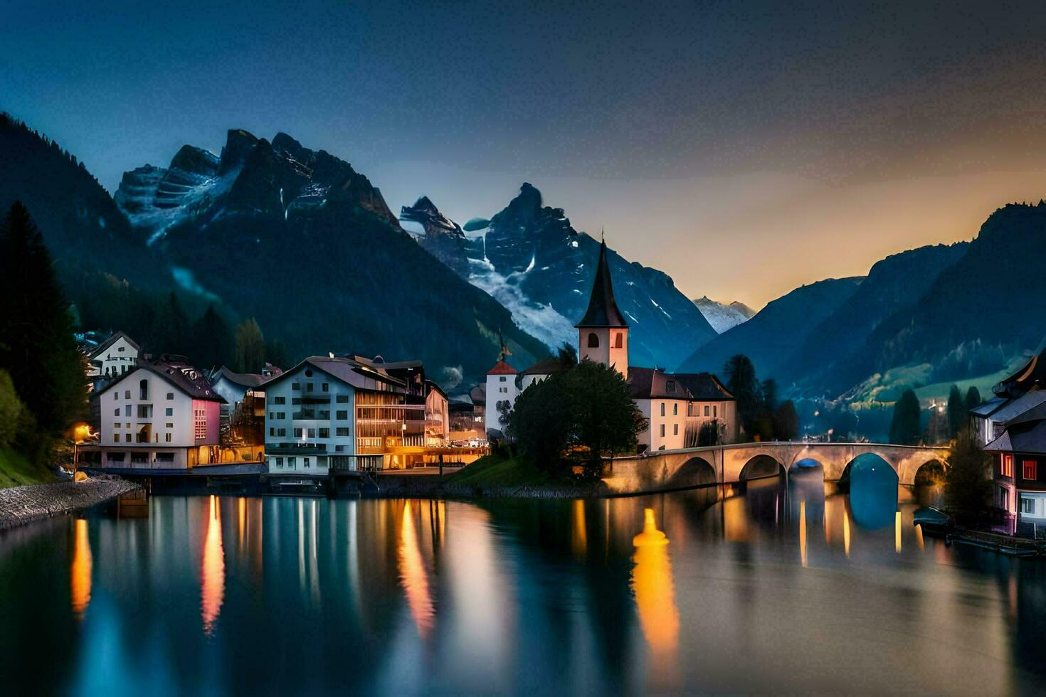 foto fondo de pantalla el cielo, montañas, agua, ciudad, puente, río, casa, casa,. generado por ai