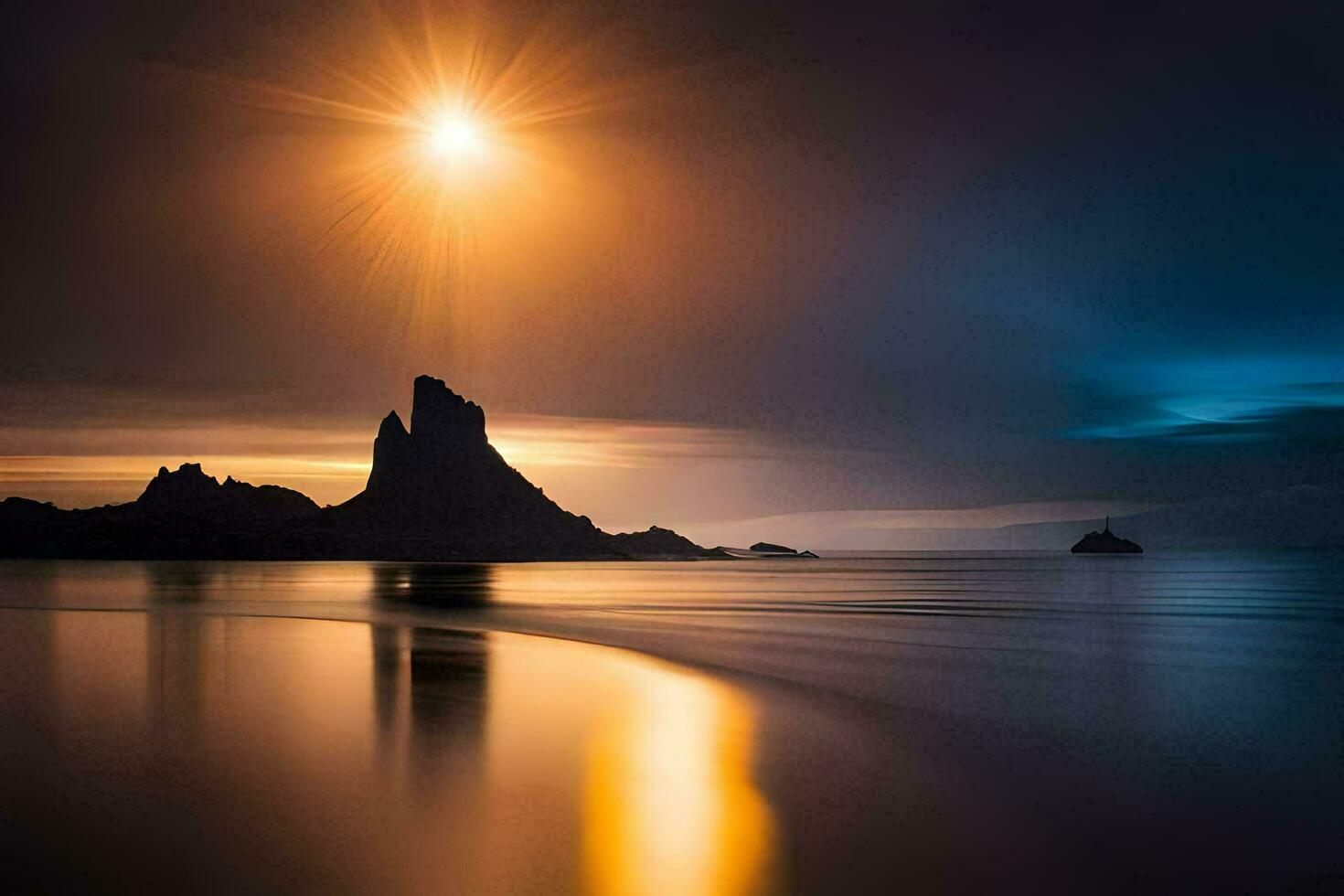 the sun is shining over a rocky beach. AI-Generated photo
