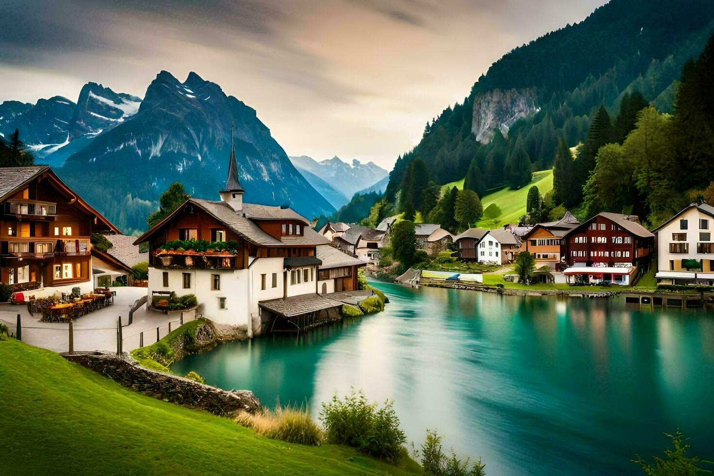 the village of alpine houses is surrounded by mountains and a river. AI-Generated photo