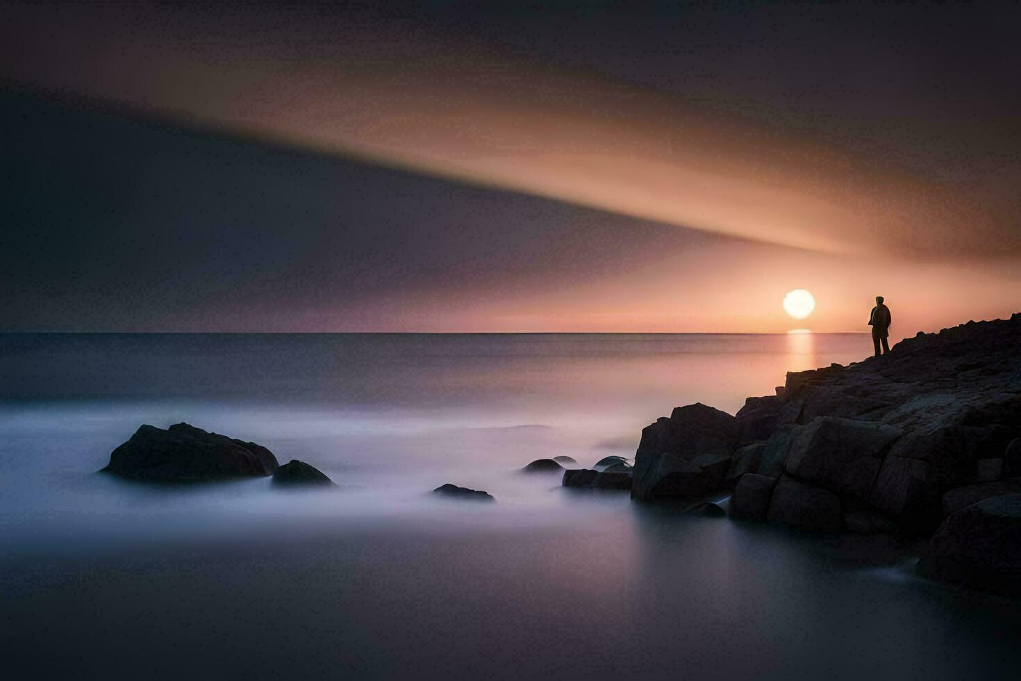 a man stands on rocks at the ocean during a sunset. AI-Generated photo