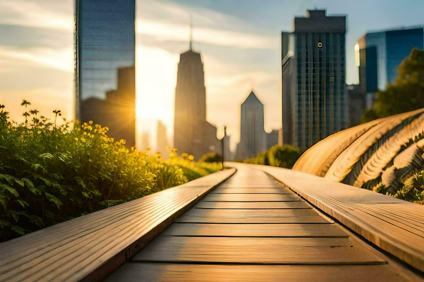 a wooden walkway leads to the city skyline at sunset. AI-Generated photo
