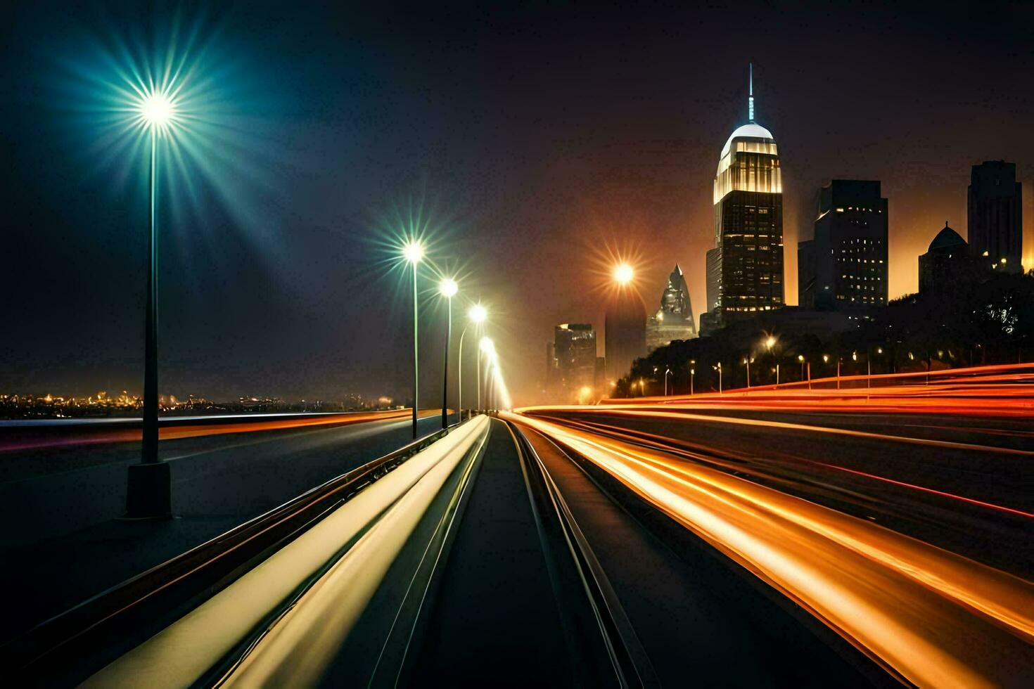 un largo exposición fotografía de un ciudad a noche. generado por ai foto