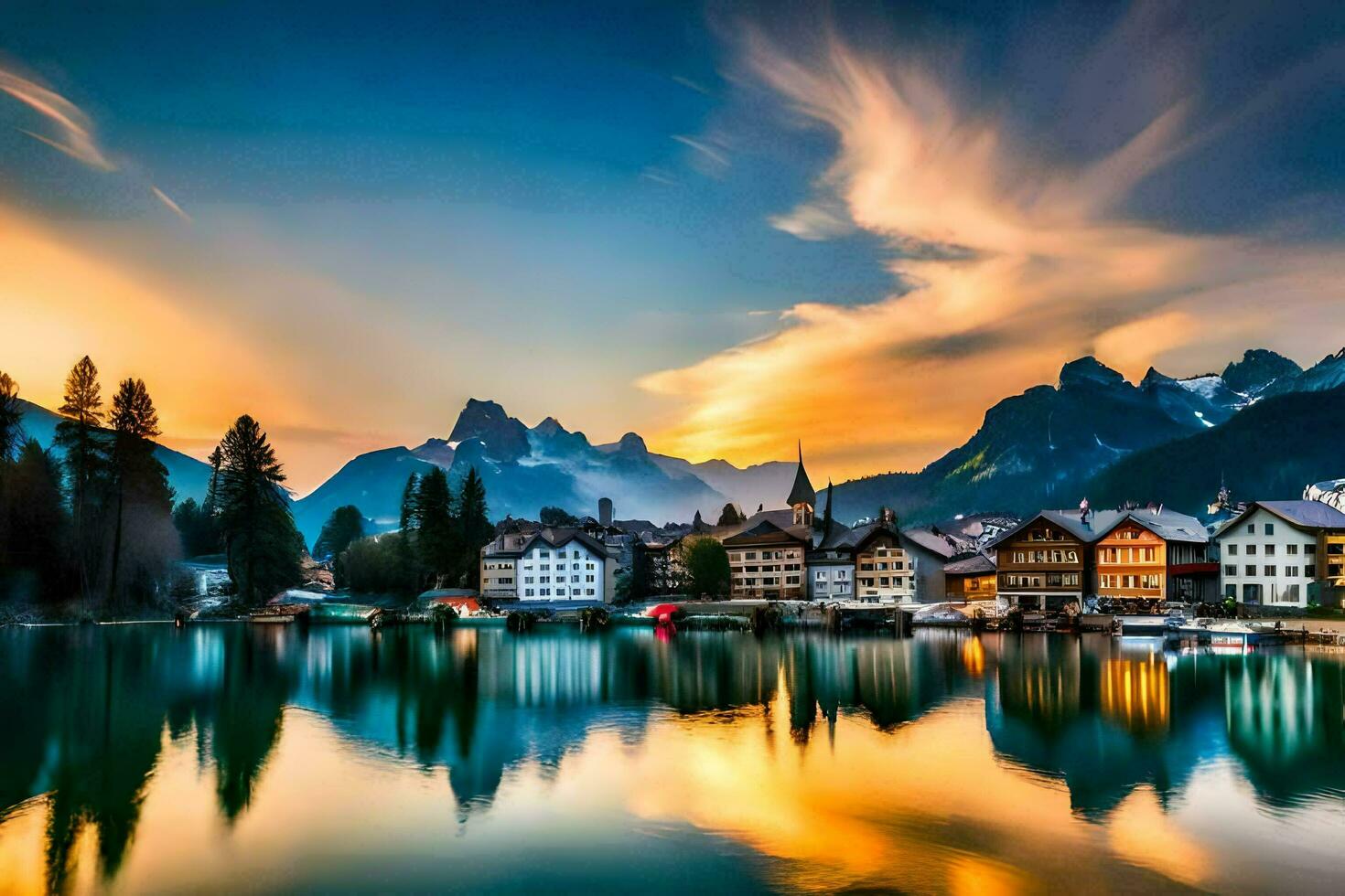 a beautiful sunset over a lake and mountains. AI-Generated photo