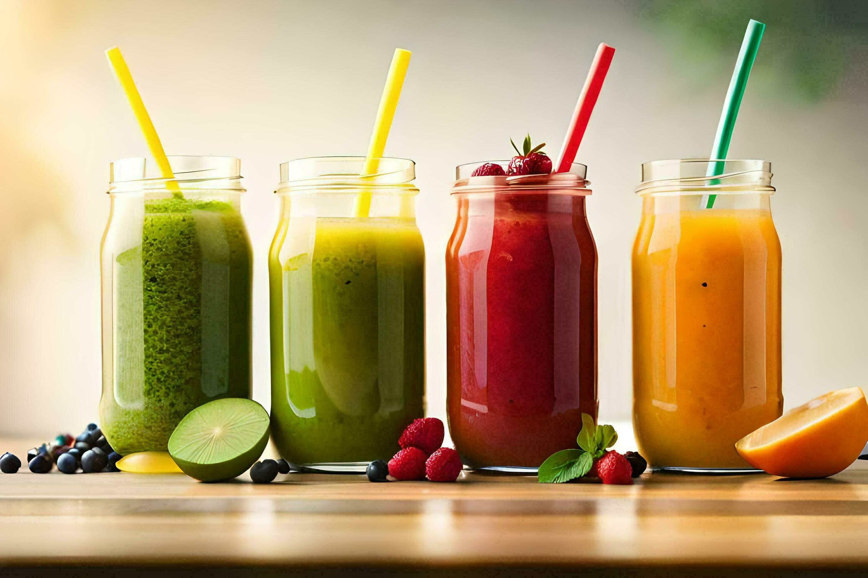 a group of different colored smoothies in jars. AIGenerated 32820715
