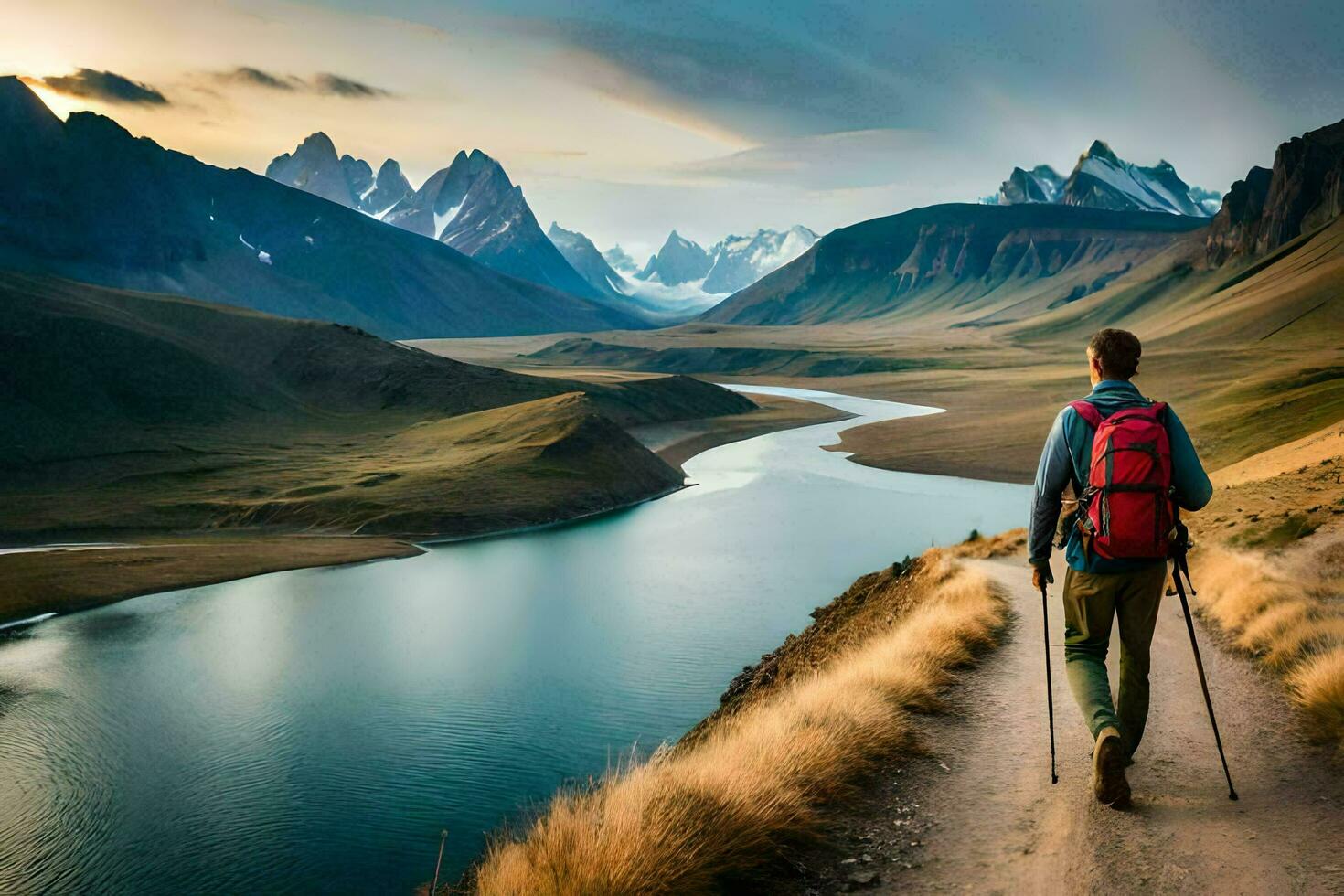 a man with backpack and trek poles walks along the road in the mountains. AI-Generated photo