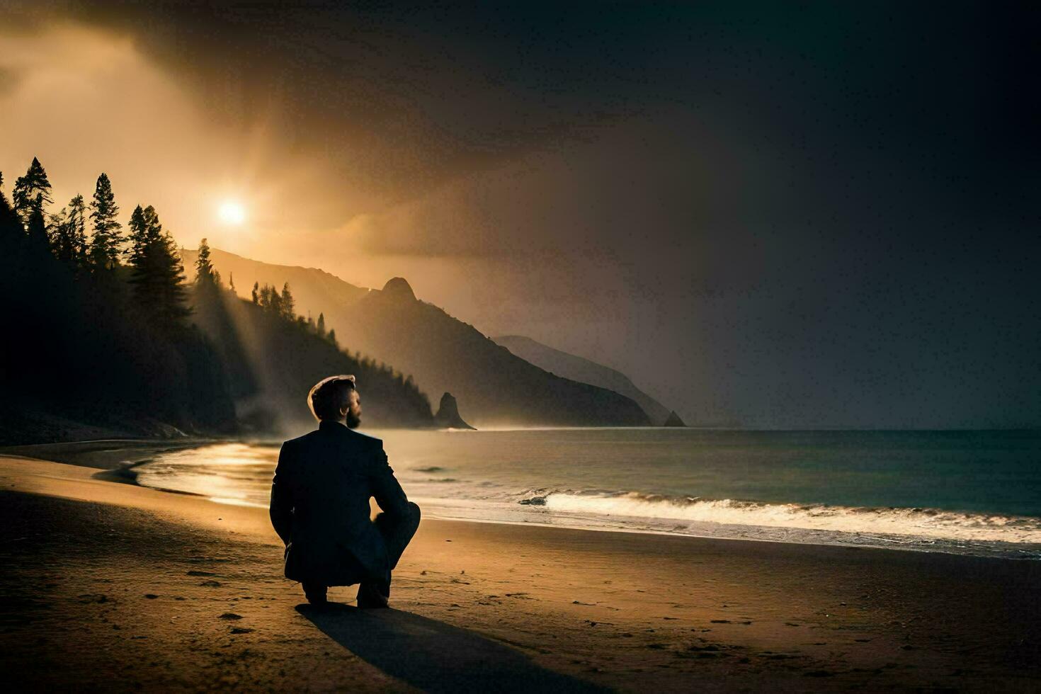a man sitting on the beach at sunset. AI-Generated photo