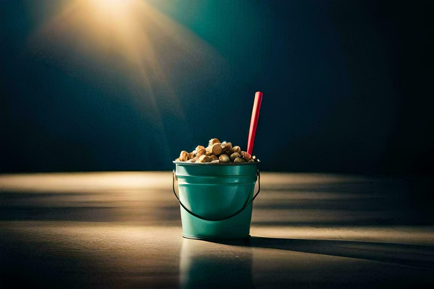 un Cubeta de palomitas de maiz con un rojo Paja sentado en un mesa. generado por ai foto