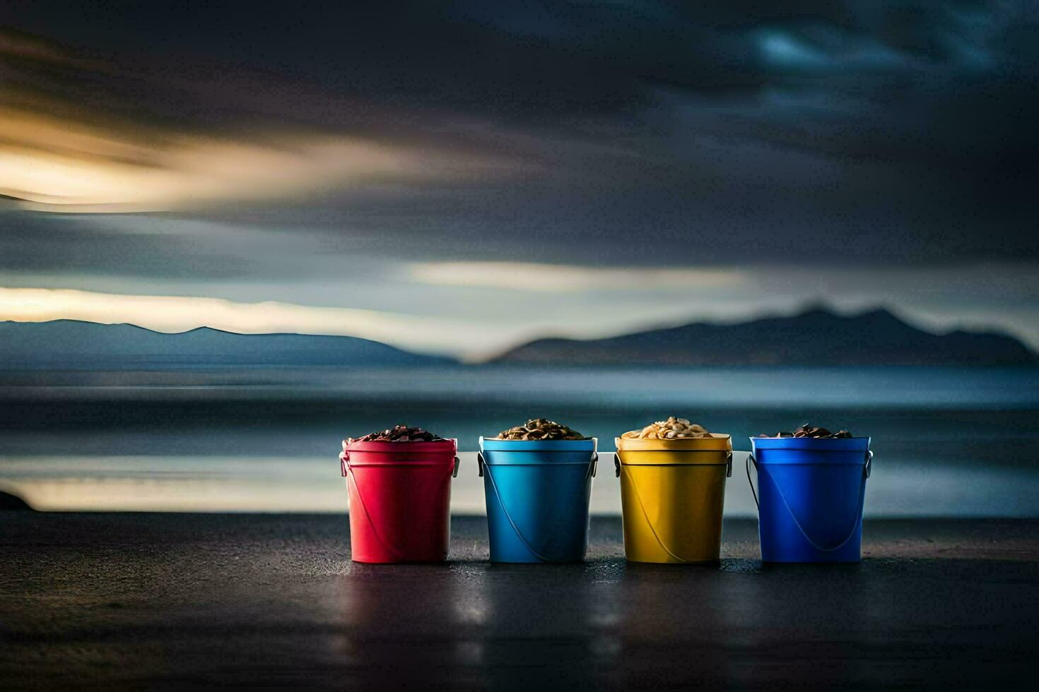 four colorful cups sit on a table with a mountain in the background. AI-Generated photo