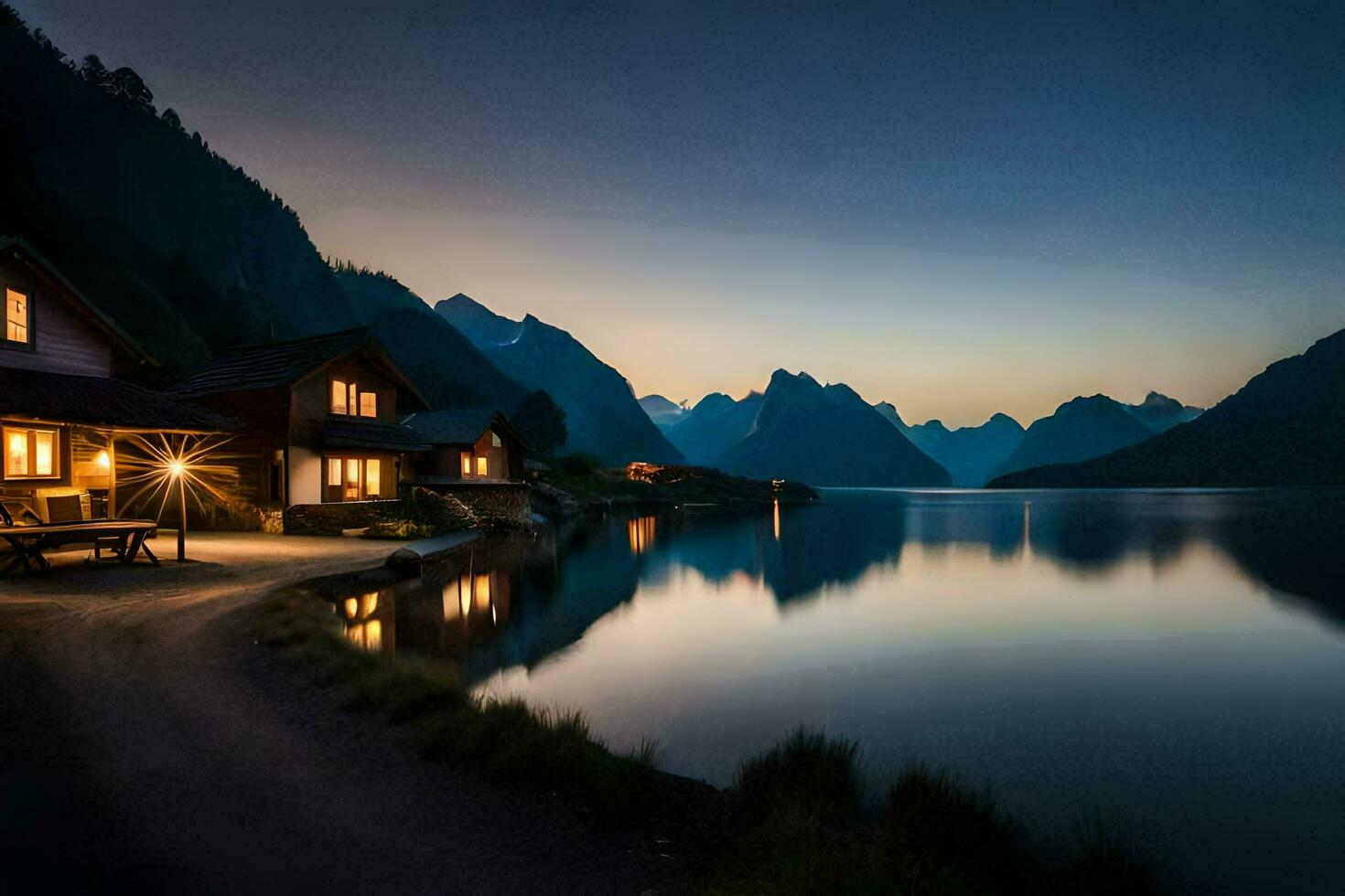 un lago y dos casas a oscuridad. generado por ai foto