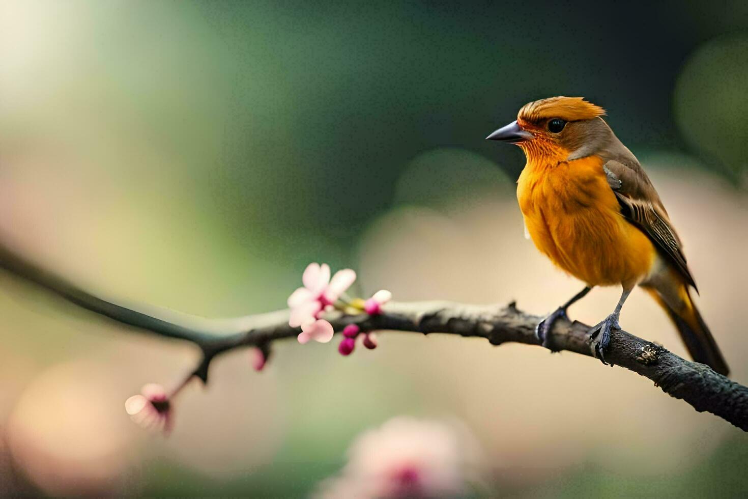 a small orange bird sits on a branch with pink flowers. AI-Generated photo