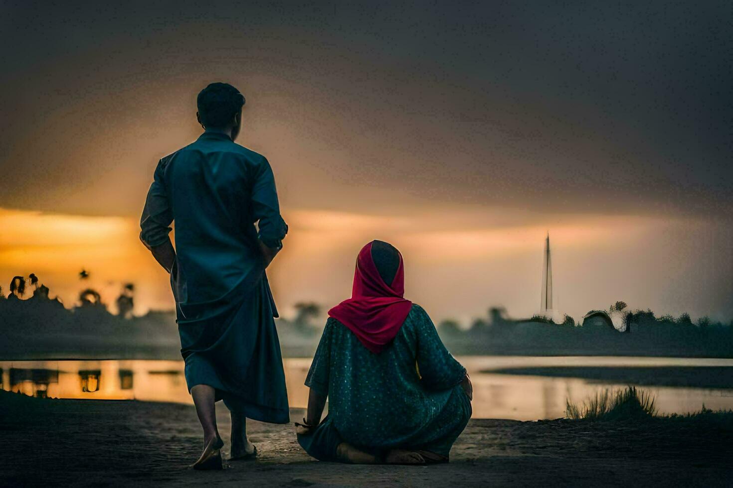 a man and woman sitting on the ground at sunset. AI-Generated photo