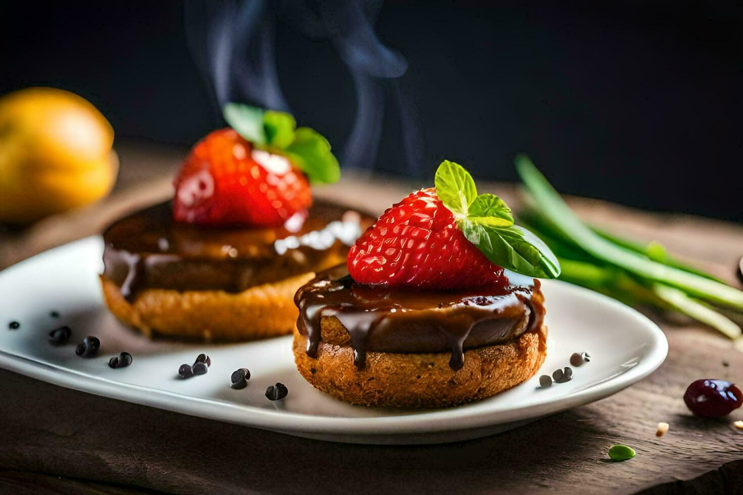 two small cakes with chocolate and strawberries on a plate. AI-Generated photo