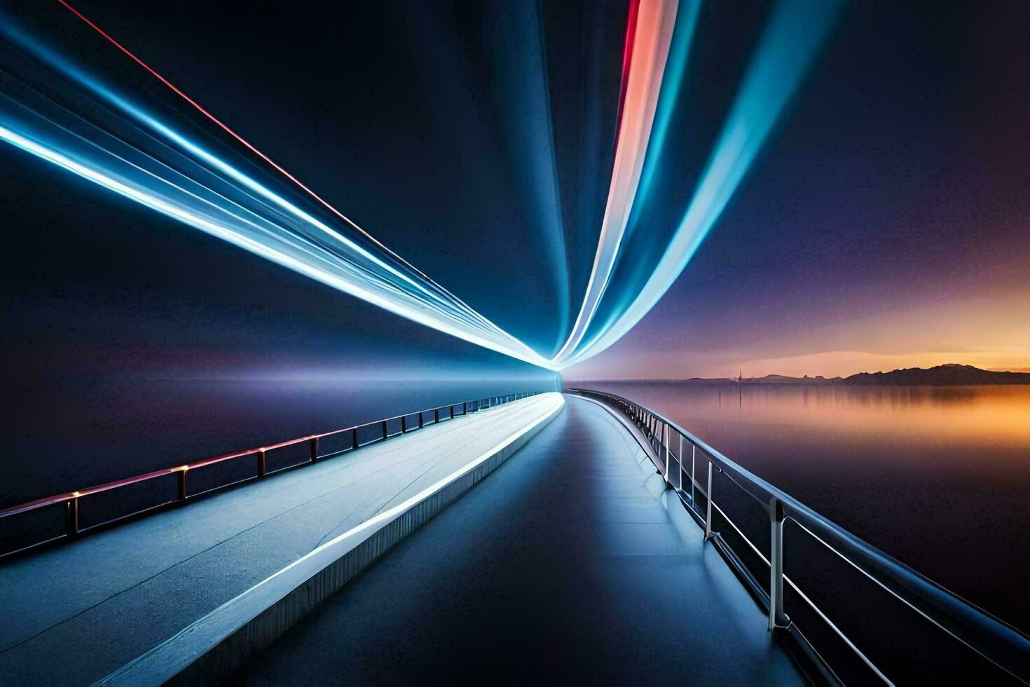 a long exposure photograph of a bridge over water. AI-Generated photo