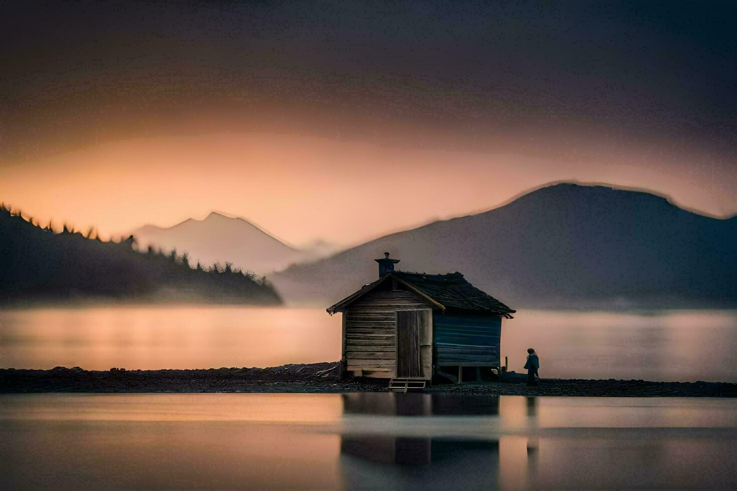 a small hut sits on the shore of a lake at sunset. AI-Generated photo