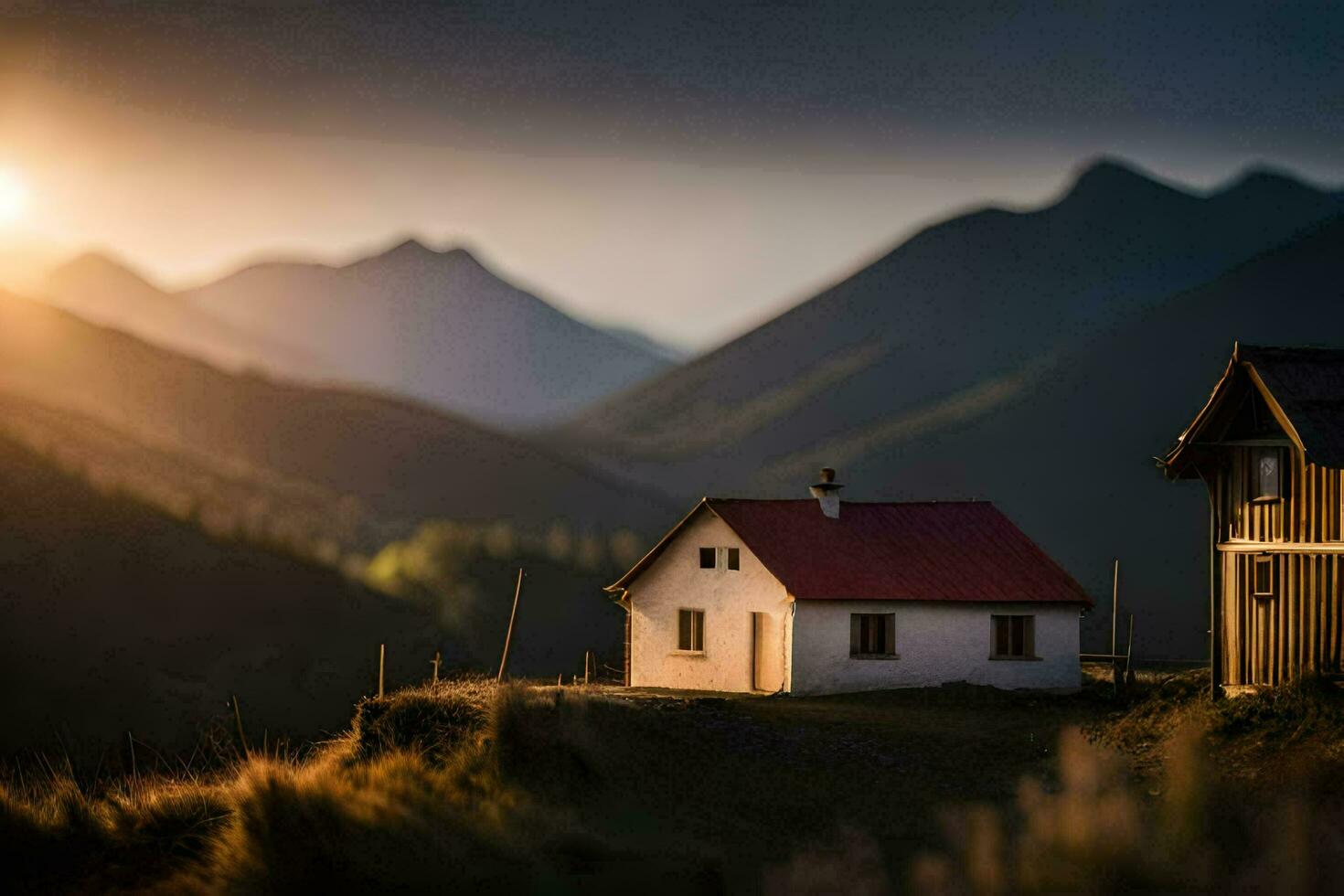 a small house sits on top of a hill with a mountain in the background. AI-Generated photo