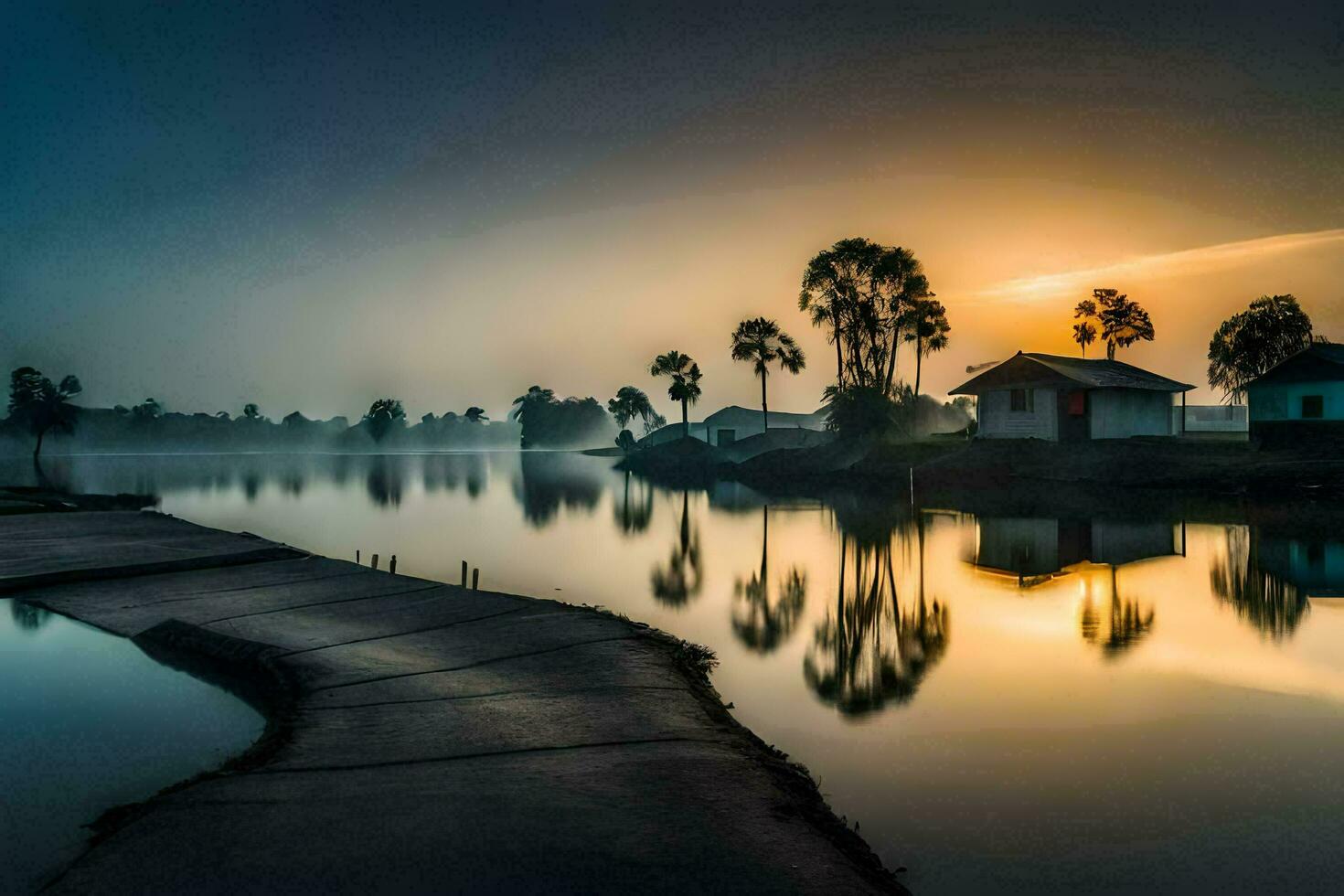 a beautiful sunrise over a lake with houses and palm trees. AI-Generated photo