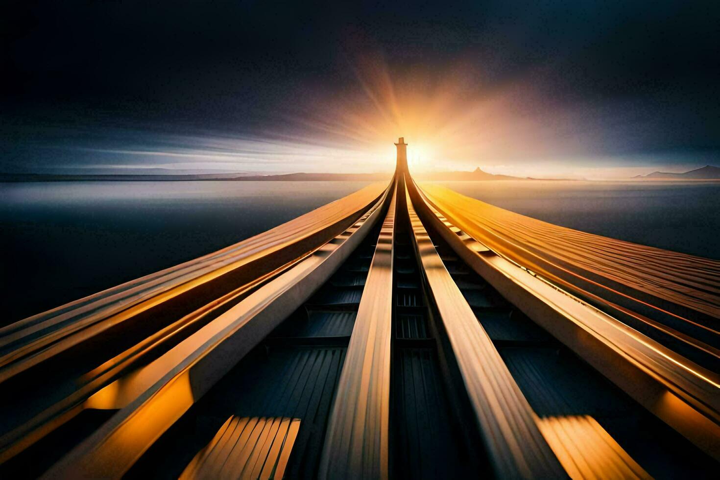 a long exposure photograph of a train going down a track. AI-Generated photo