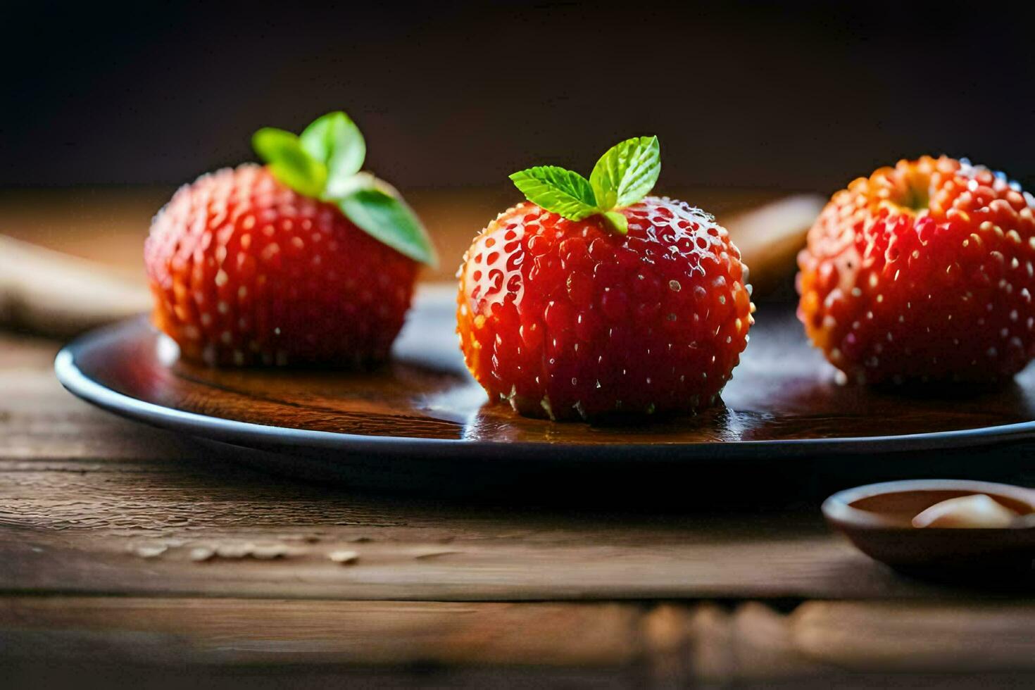 three strawberries on a plate with cinnamon sticks. AI-Generated photo