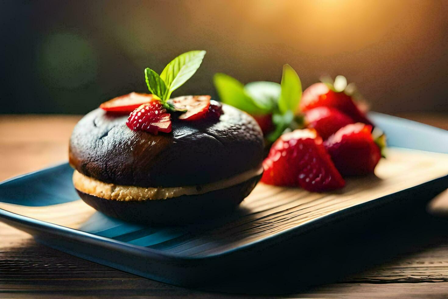 a chocolate cake with strawberries on a blue plate. AI-Generated photo