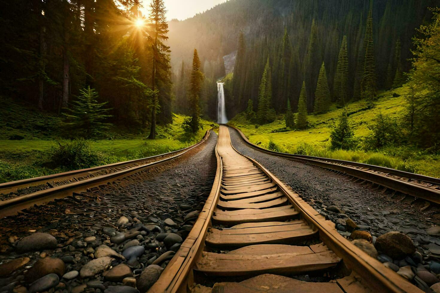 a train track going through the forest with a waterfall in the background. AI-Generated photo