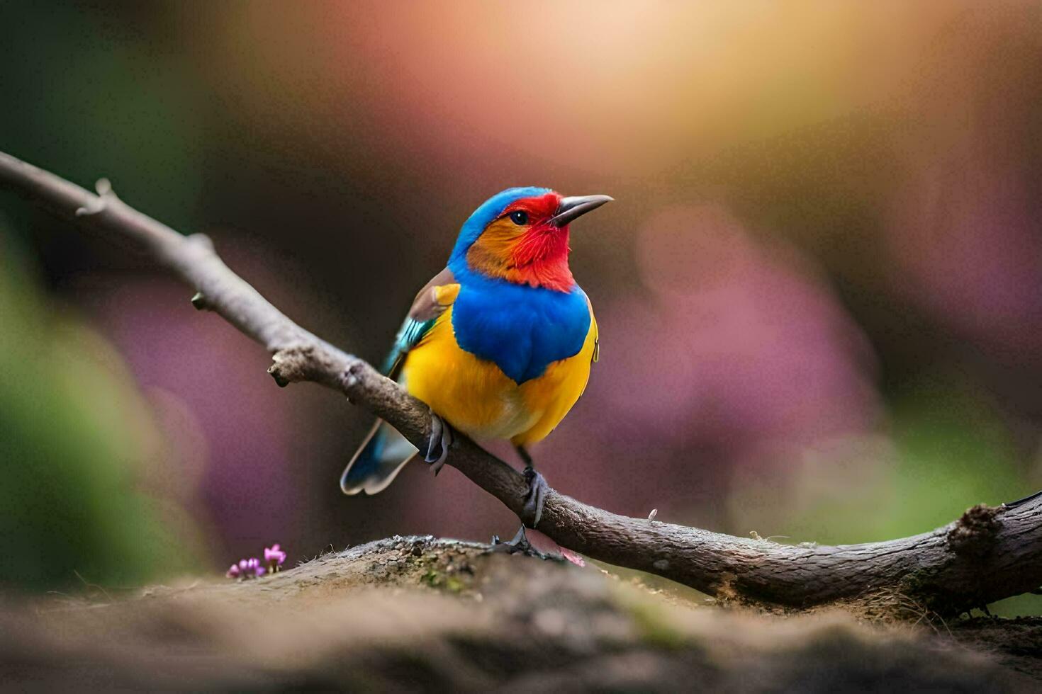 a colorful bird sits on a branch in front of a blurry background. AI-Generated photo