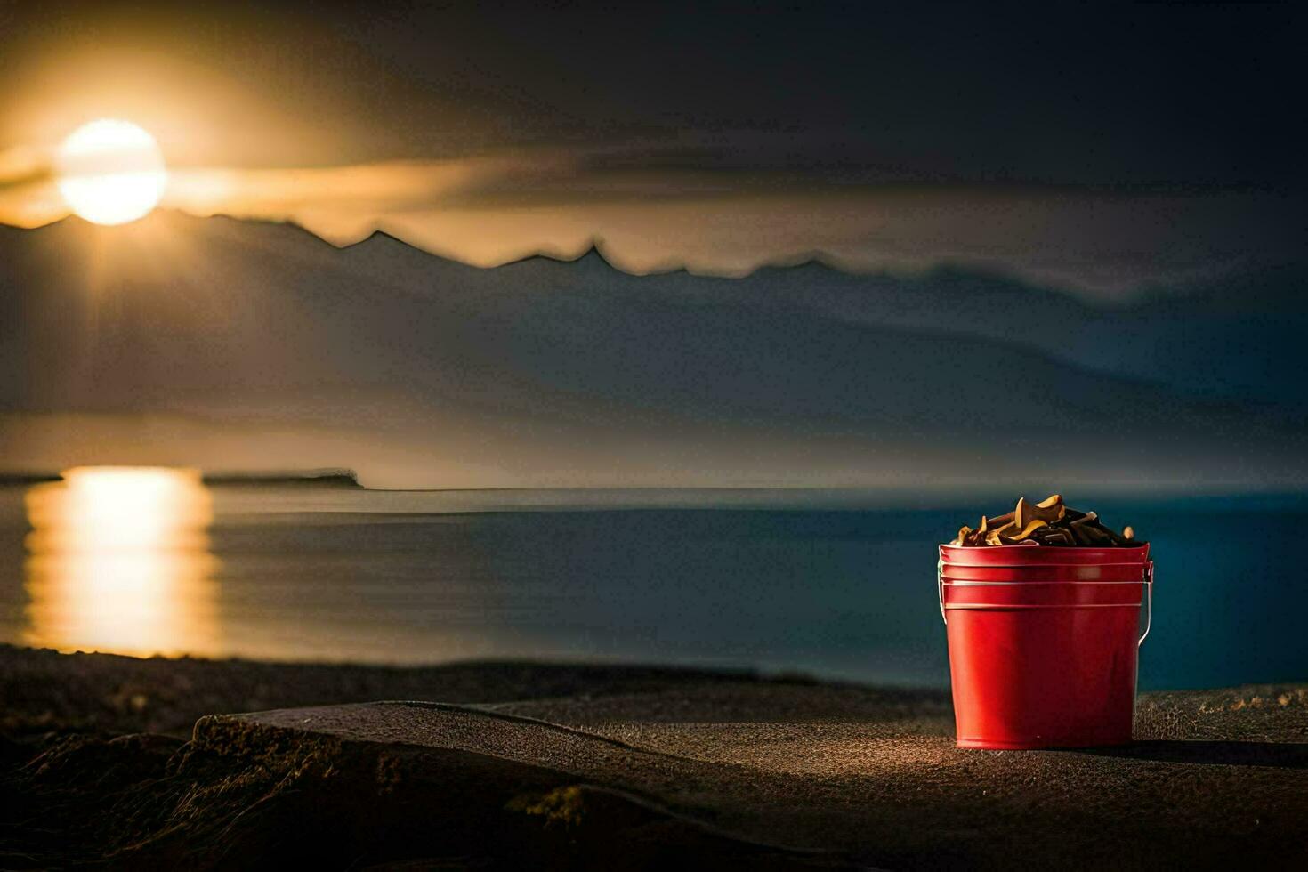 a red bucket sitting on the ground near the ocean. AI-Generated photo
