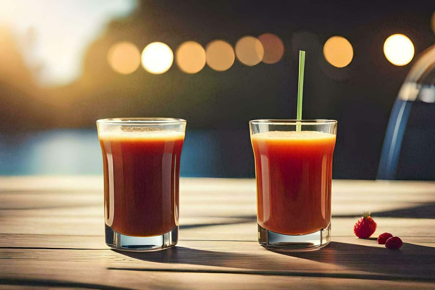 two glasses of juice on a wooden table. AI-Generated photo