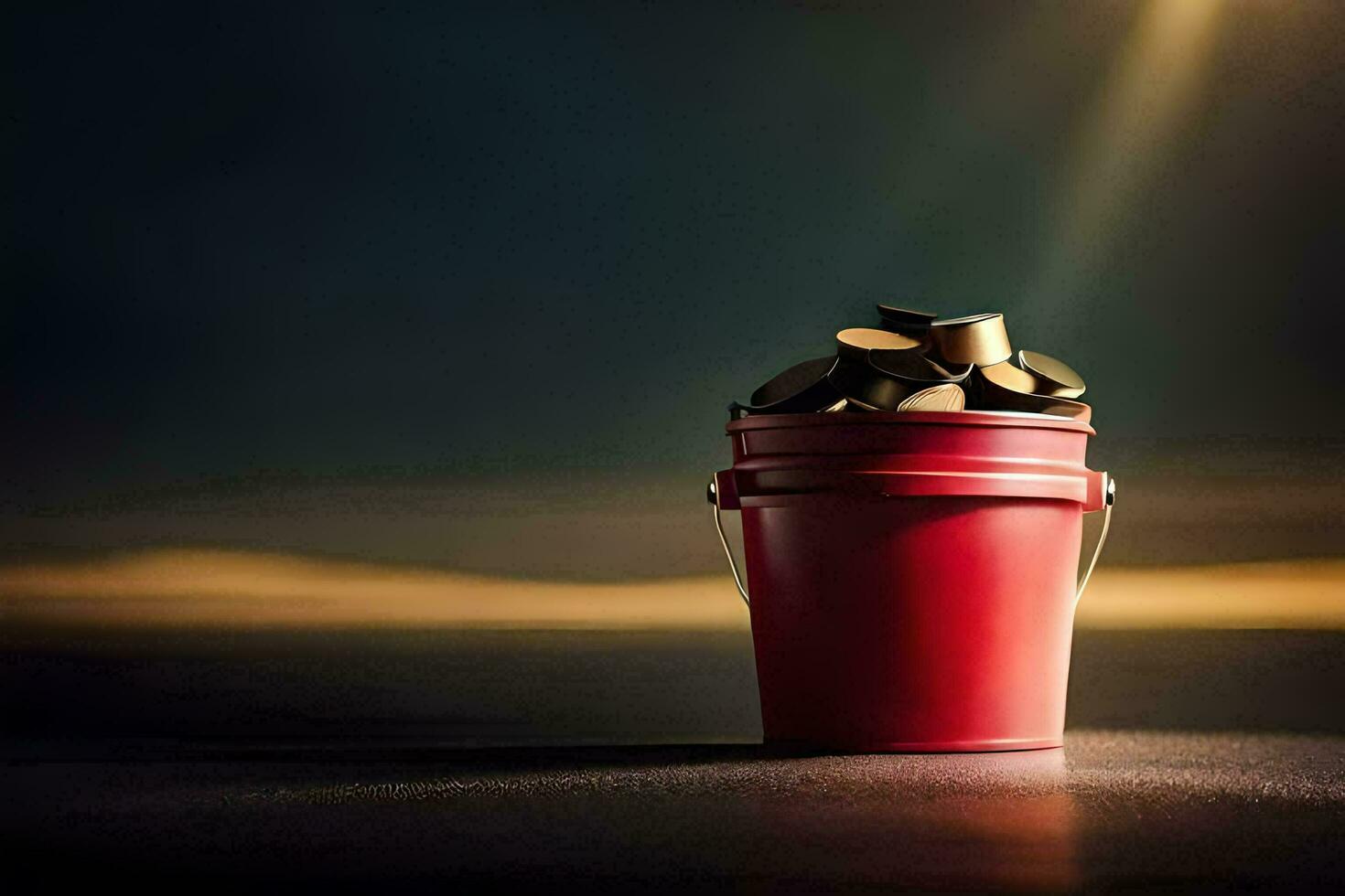 a red bucket filled with coins on a dark background. AI-Generated photo