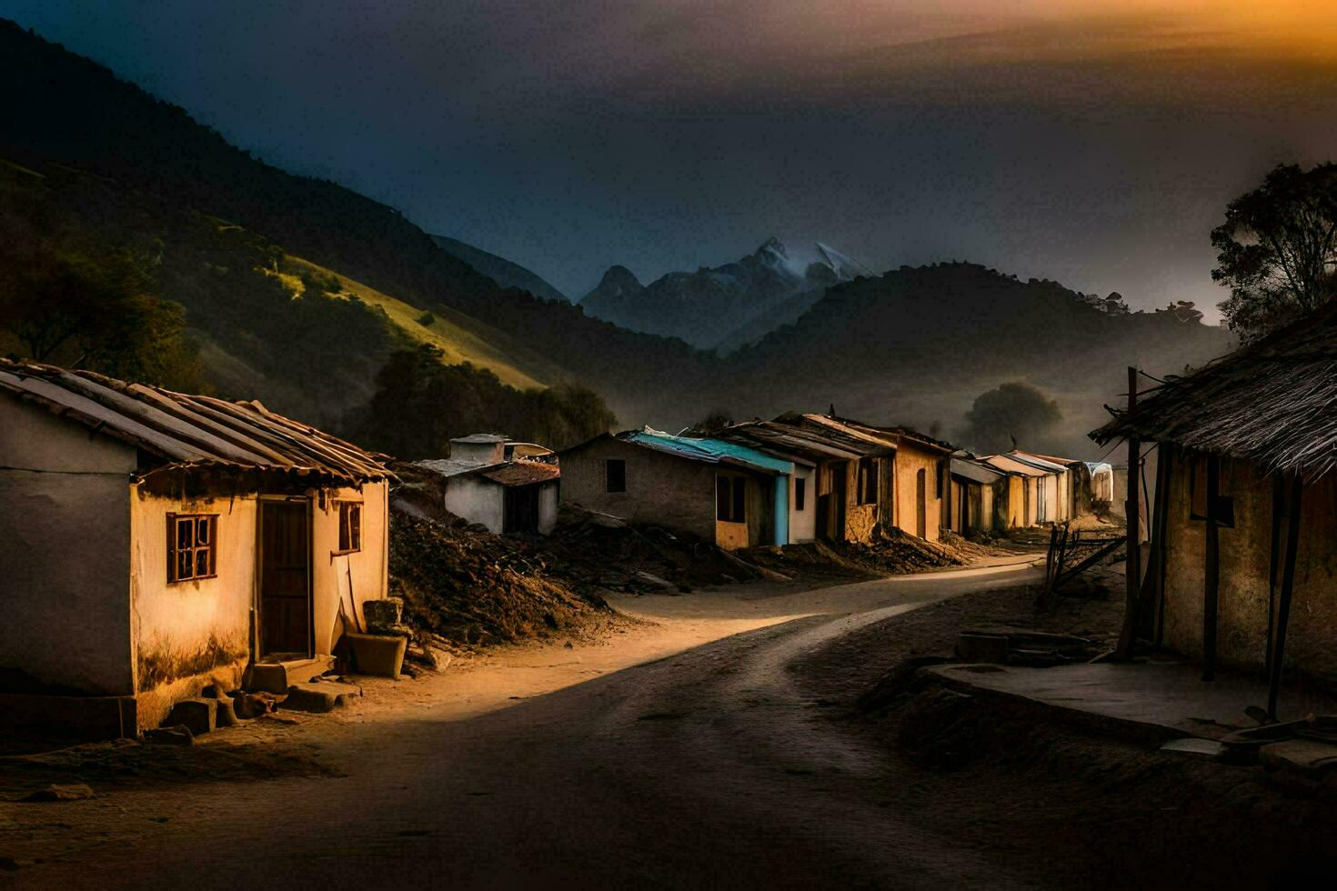 a village at sunset with mountains in the background. AI-Generated photo