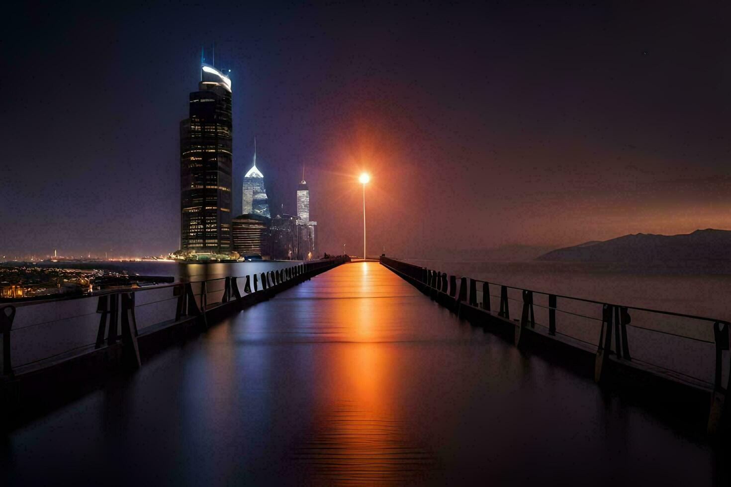 a long pier with a city skyline at night. AI-Generated photo