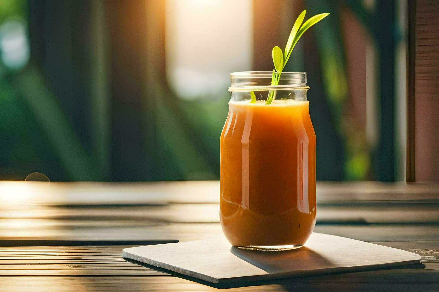 a glass jar with orange juice sitting on a wooden table. AI-Generated photo