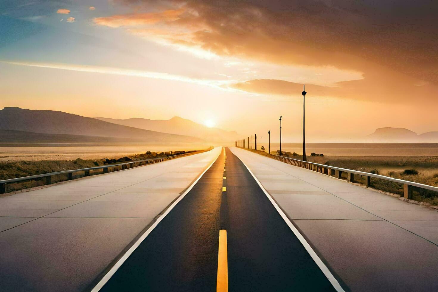 a long road with the sun setting behind it. AI-Generated photo