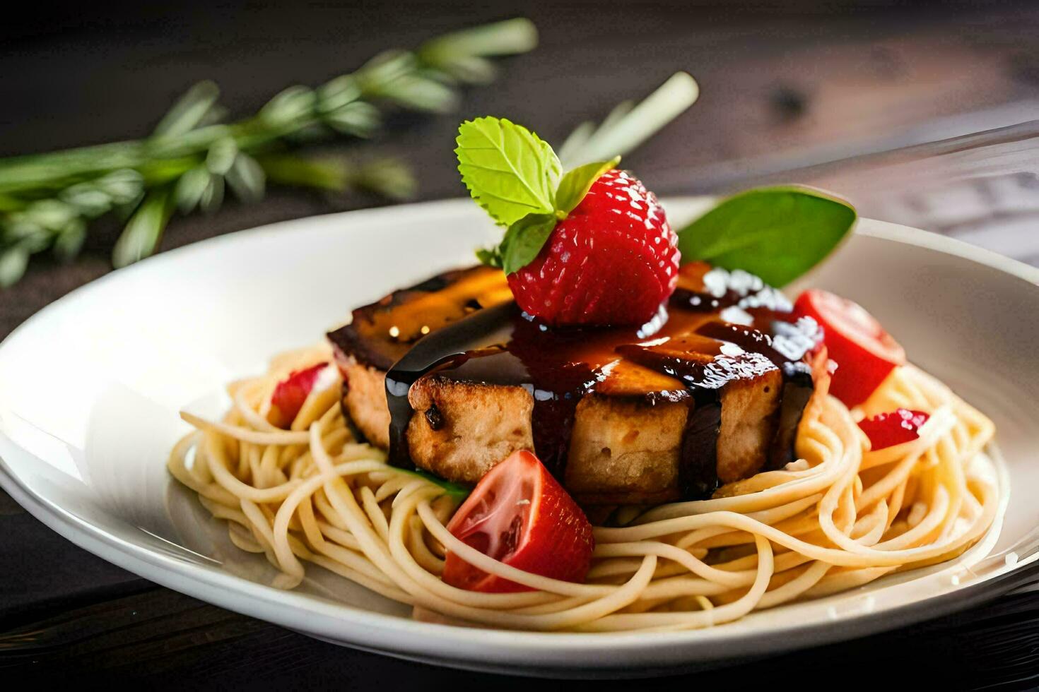 a plate of food with spaghetti and meat. AI-Generated photo