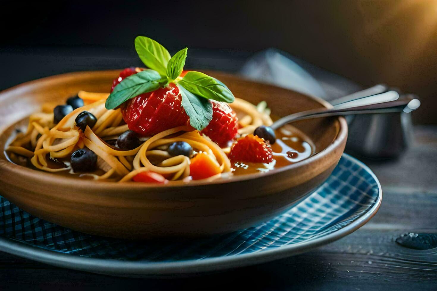 a bowl of pasta with berries and tomatoes. AI-Generated photo