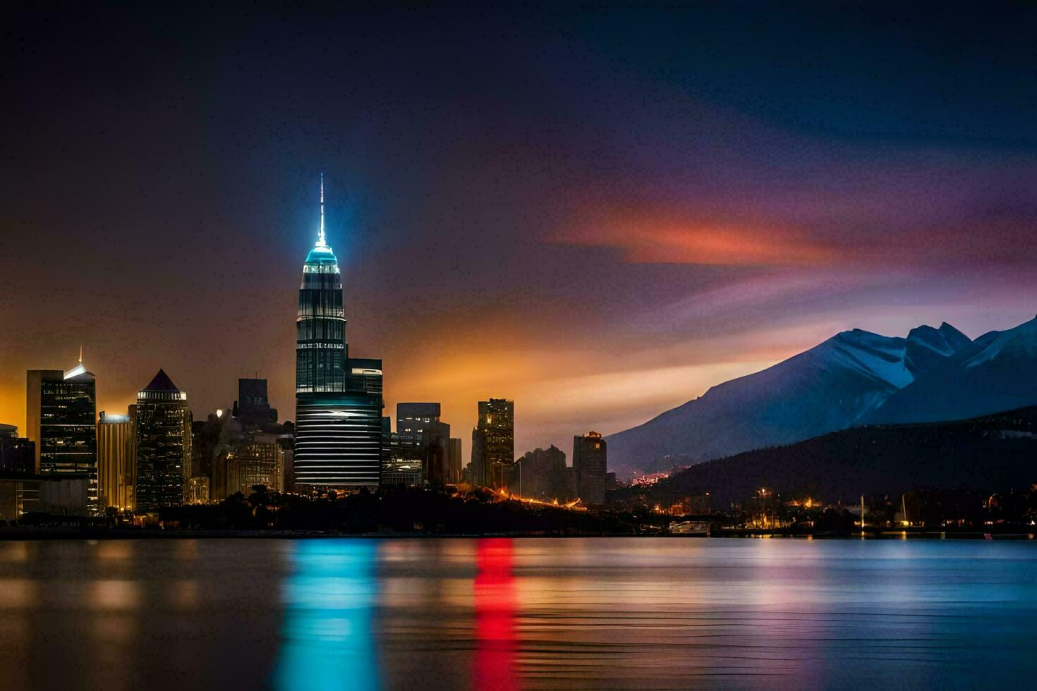 the city skyline at night with mountains in the background. AI-Generated photo