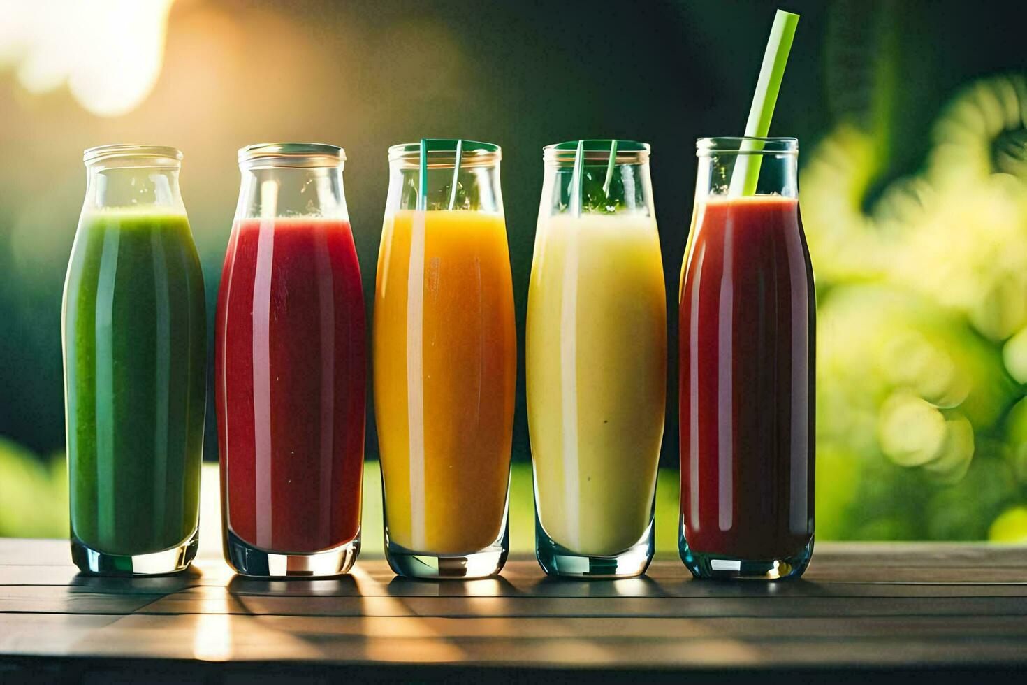 five different types of juices in glass bottles. AIGenerated 32821804