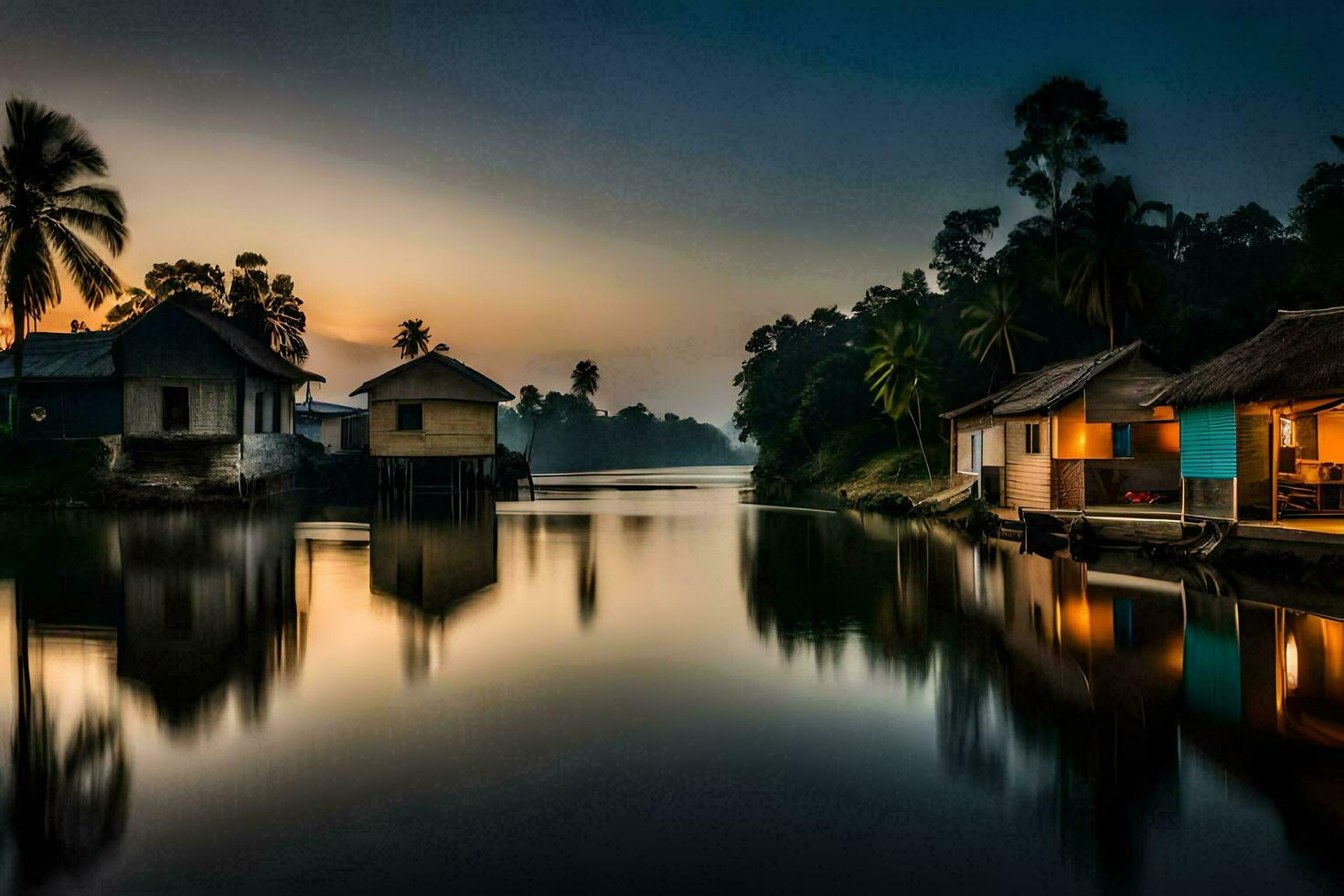 a river at sunset with houses and palm trees. AI-Generated photo