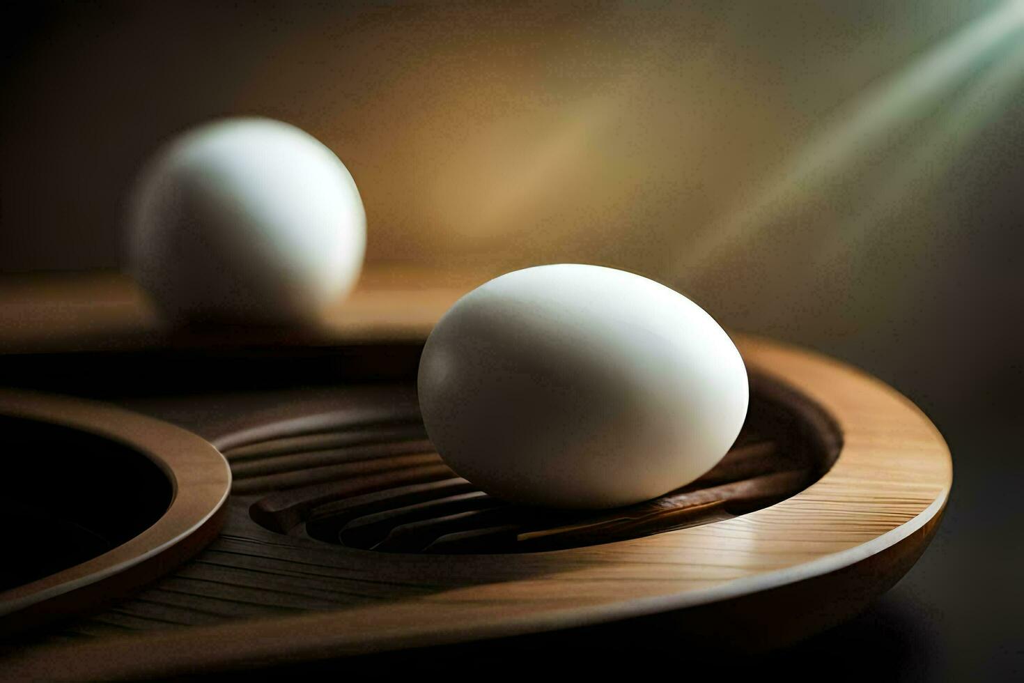 two eggs sit on a wooden tray. AI-Generated photo