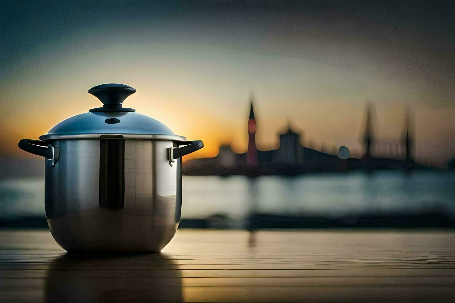 a stainless steel pot on a table with a city in the background. AI-Generated photo