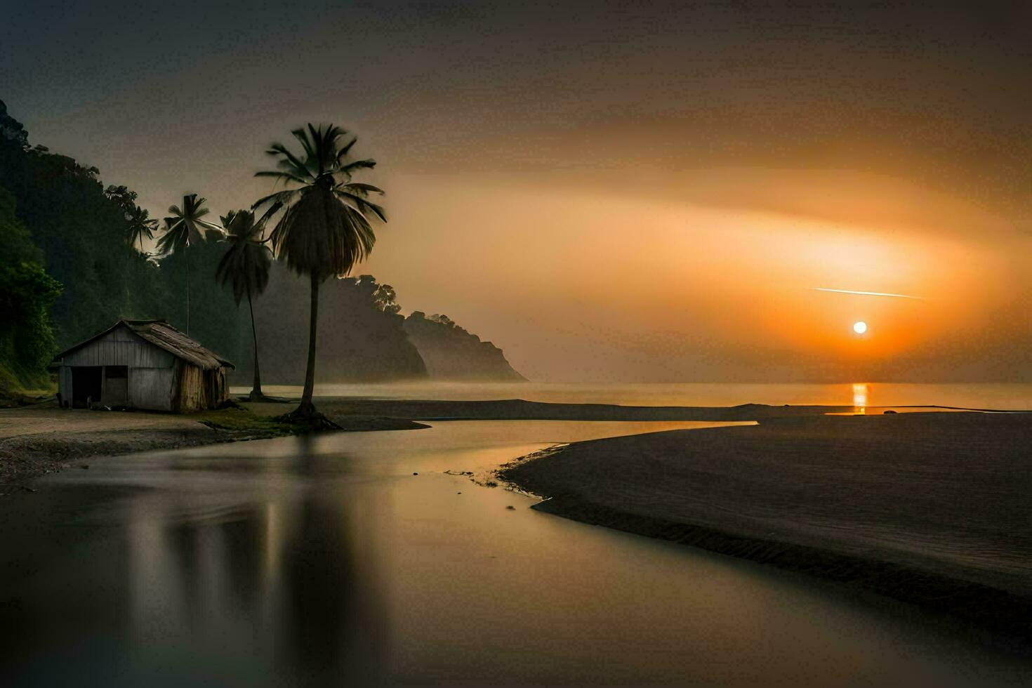 the sun rises over a beach with palm trees and a hut. AI-Generated photo