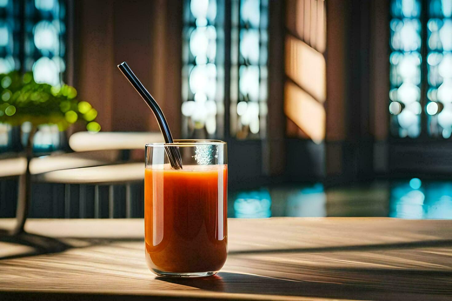 a glass of tomato juice on a table. AI-Generated photo