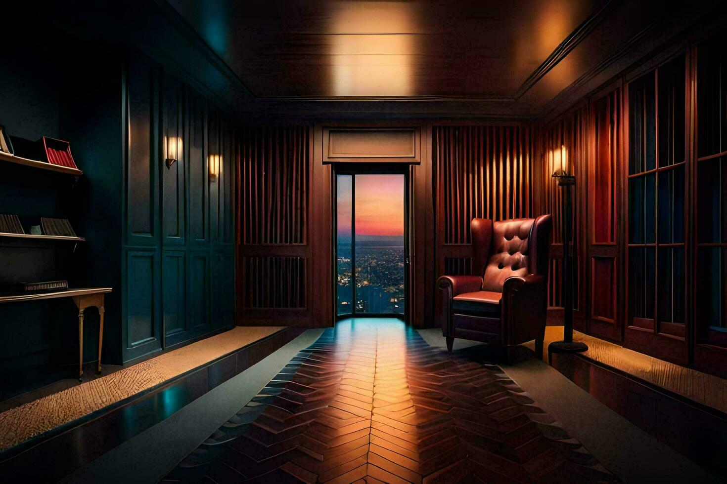 a room with a chair and a view of the city. AI-Generated photo
