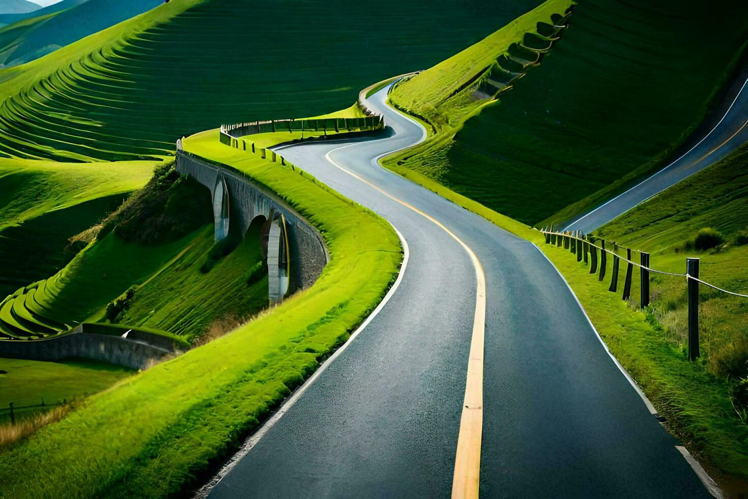 un devanado la carretera en el medio de un verde colina. generado por ai foto