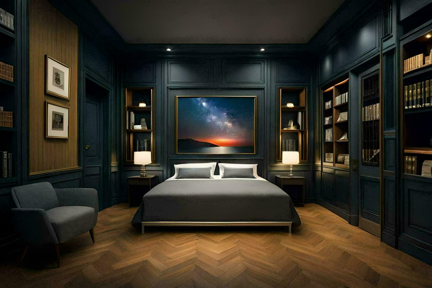 un dormitorio con oscuro madera pisos y un cama. generado por ai foto