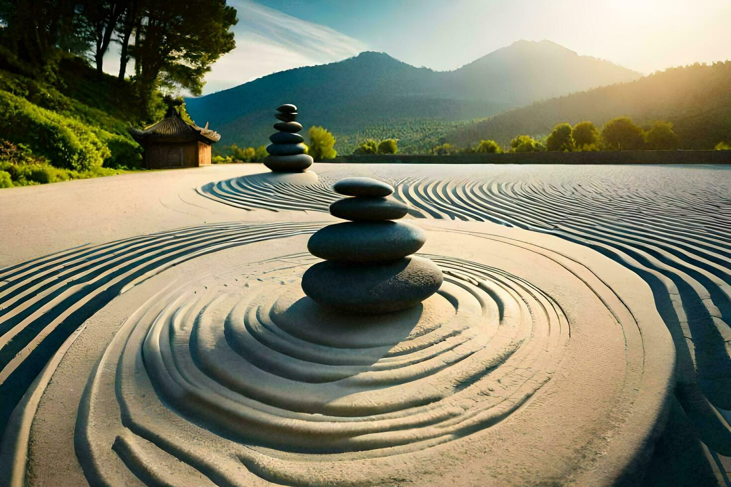 a zen garden with rocks and sand. AI-Generated photo