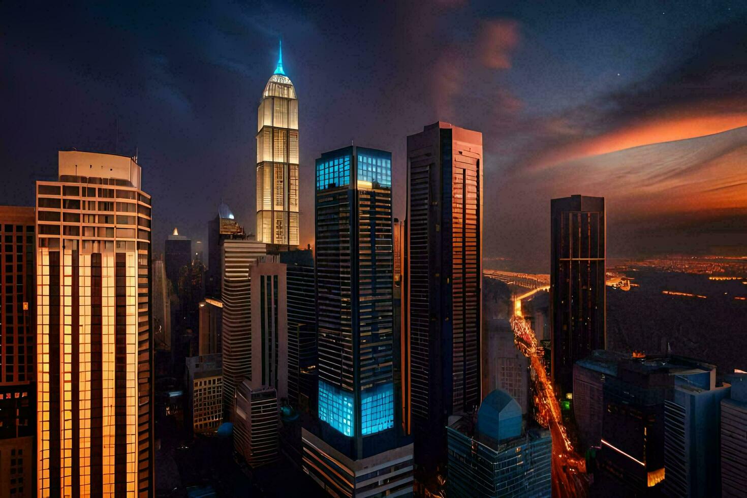 the city skyline at night with a cloudy sky. AI-Generated photo